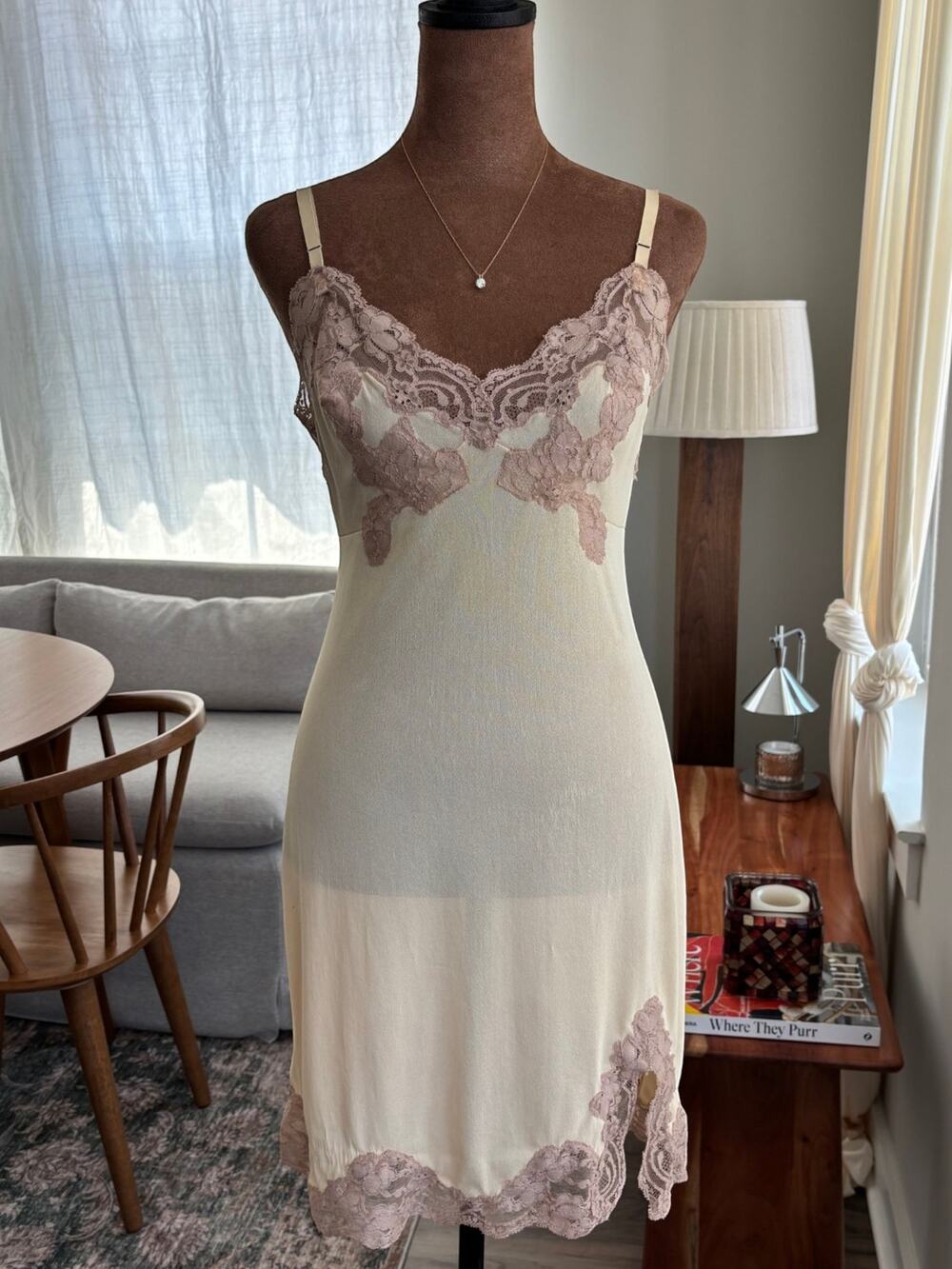50s 60s Vintage Kayser Nylon Floral Lace Applique Slip Dress Mid Century Small